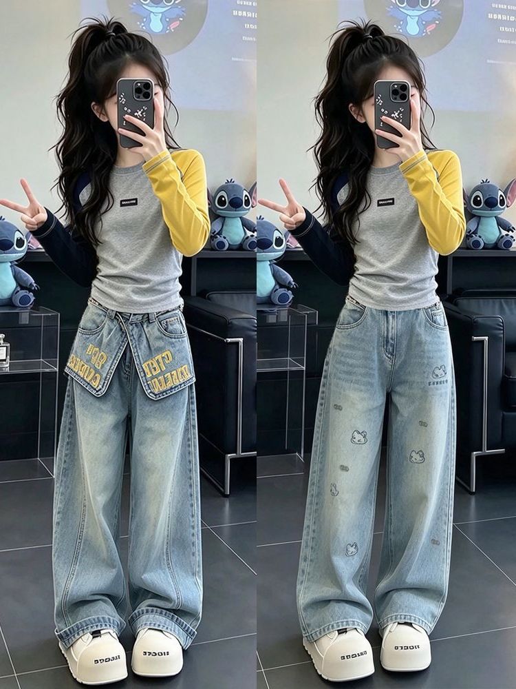 Street Fashion Korean Girl - Girls Casual Long Sleeve Denim Outfit